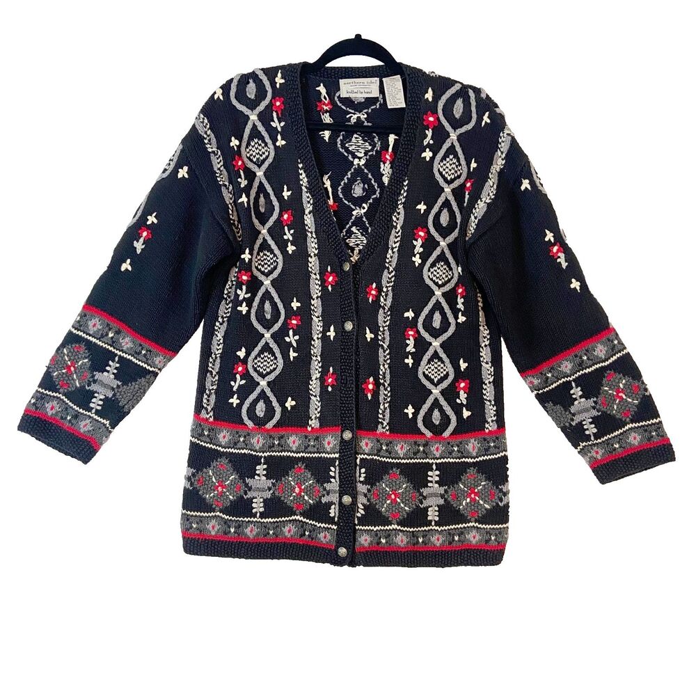 Northern Isles Cardigan Women's Small Black Hand Knitted Chunky VTG Nordic‎